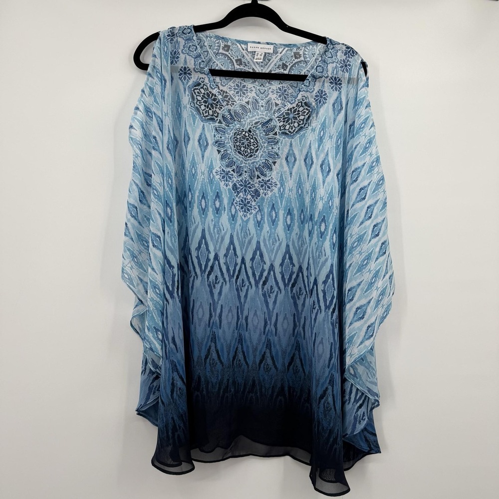Susan Graver Tunic Blouse Womens 3X Blue Embroidered Chiffon Lined Relaxed